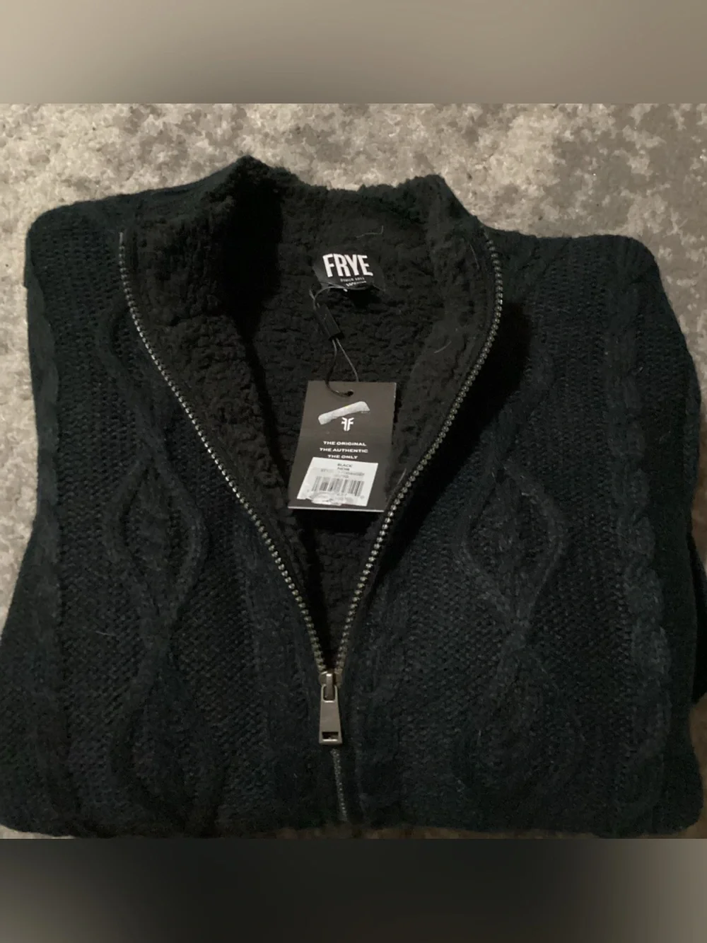 Frye Men’s Full Zip Sweater Jacket Cable Knit Fleece Lined THICK Black Size XL